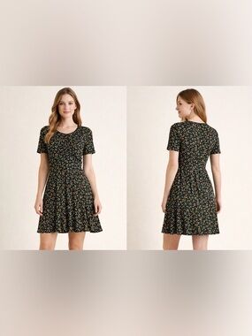 Boden Floral Ruched Front Mini Dress Black Multicolor Fit Flare Size 4